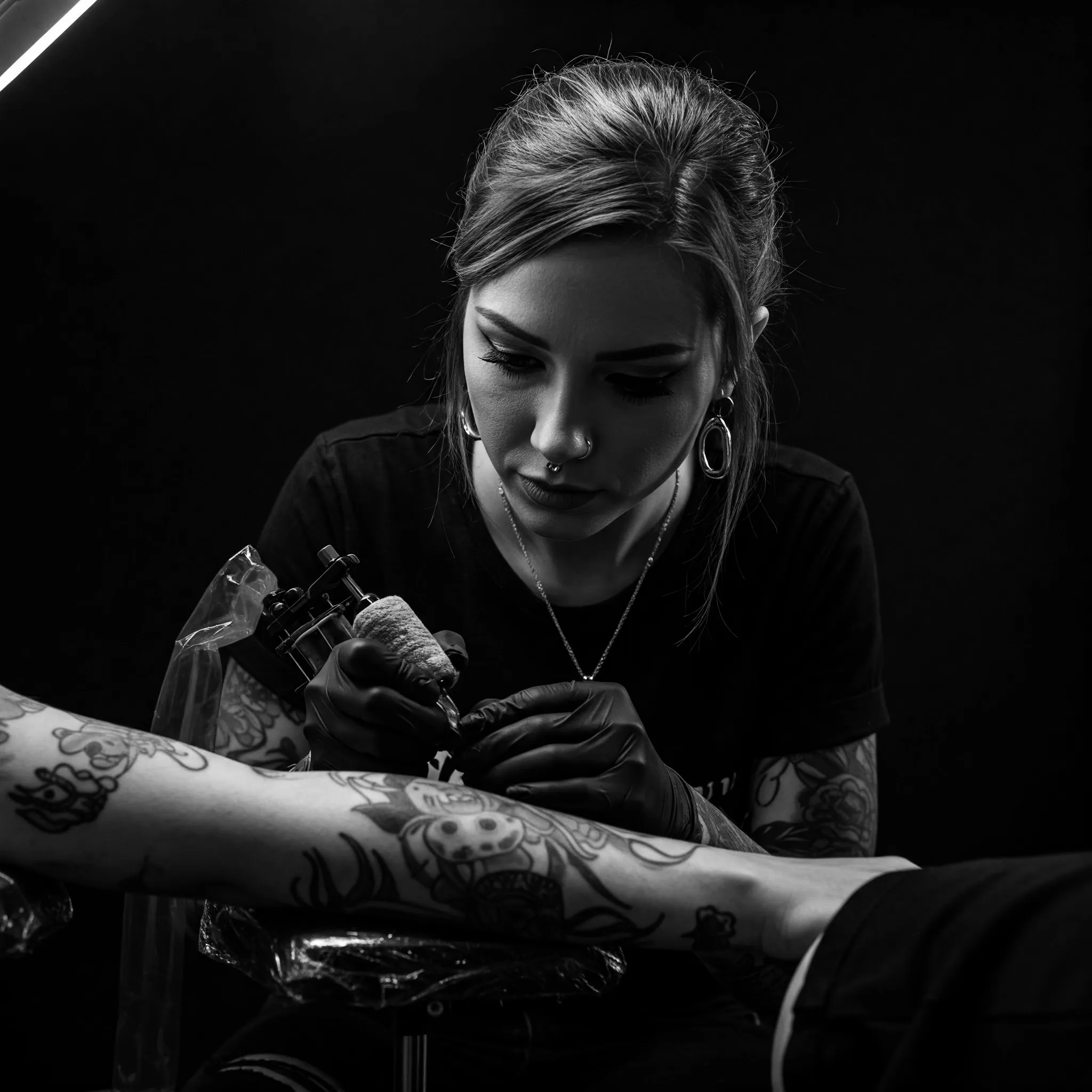 Tattoo artist working with a machine on a client