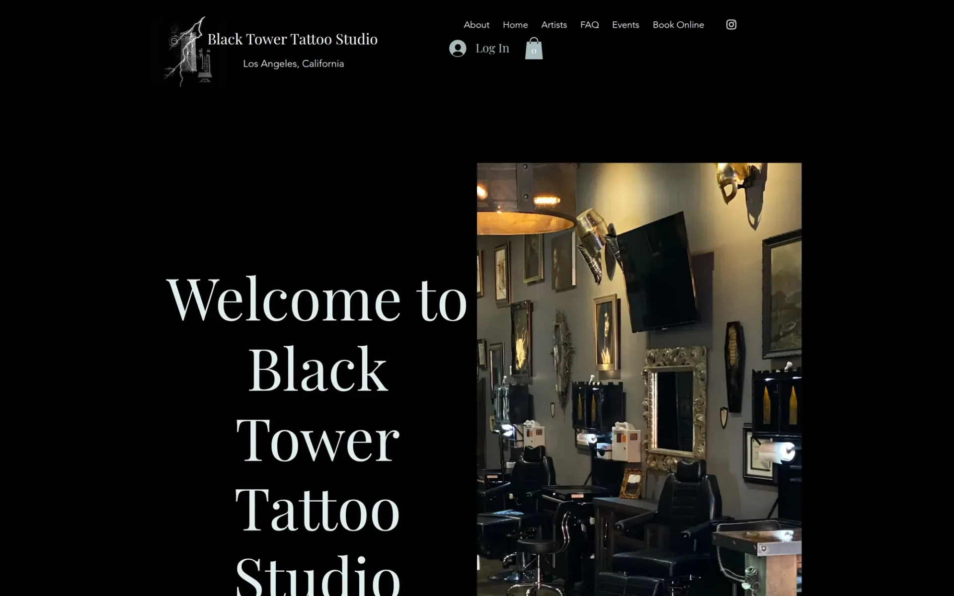Black Tower Tattoo homepage with video section and Book Online navigation link