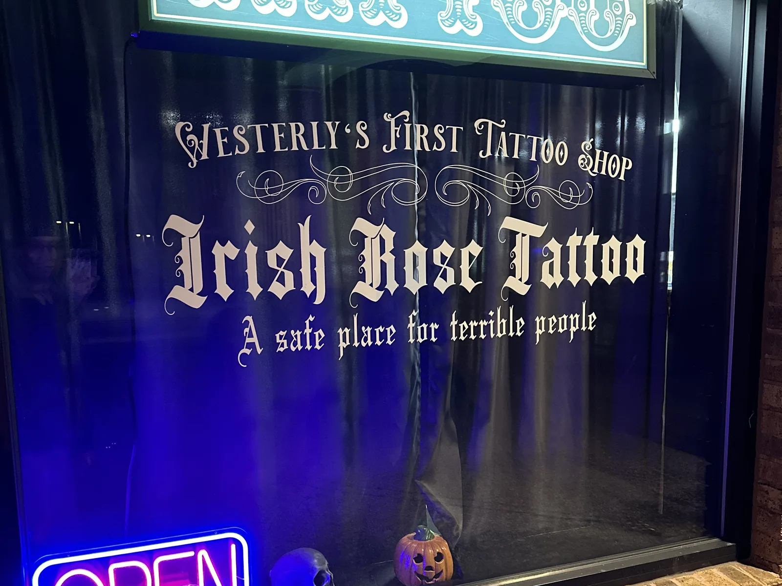 Irish Rose Tattoo shopfront window in Westerly, Rhode Island