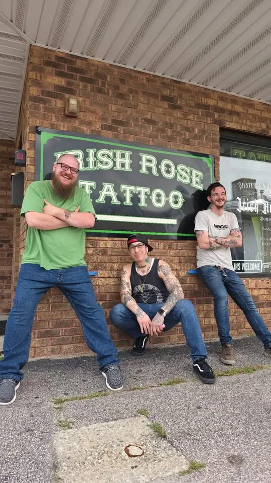 Three of the Irish Rose Tattoo crew outside the shop in Westerly, Rhode Island