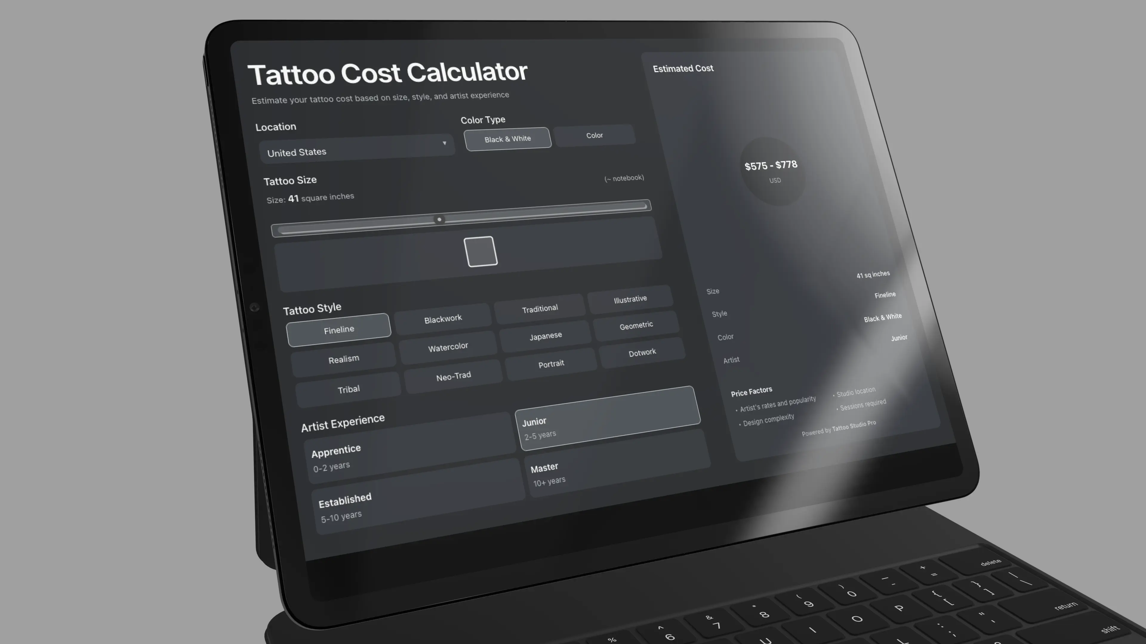 Tattoo Pricing Calculator Interface