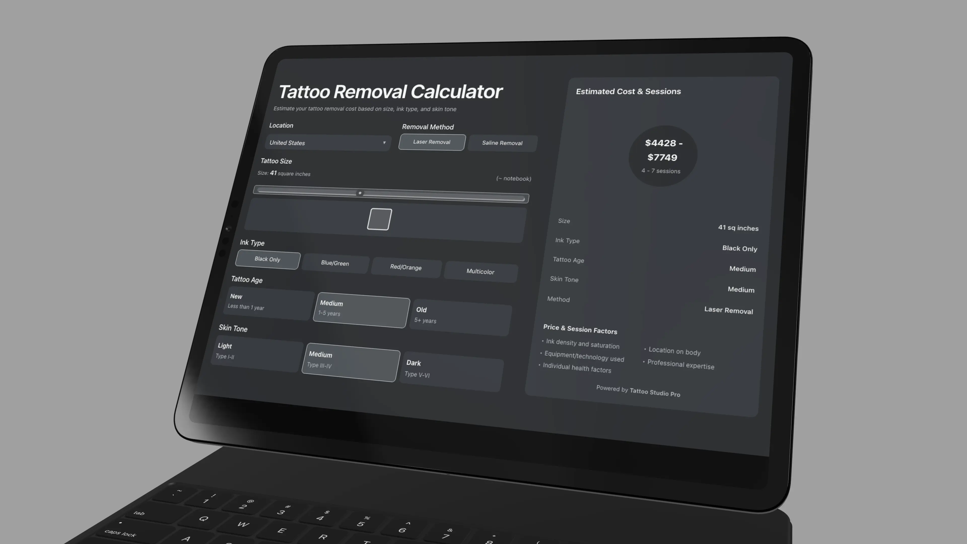 Tattoo Removal Calculator Interface