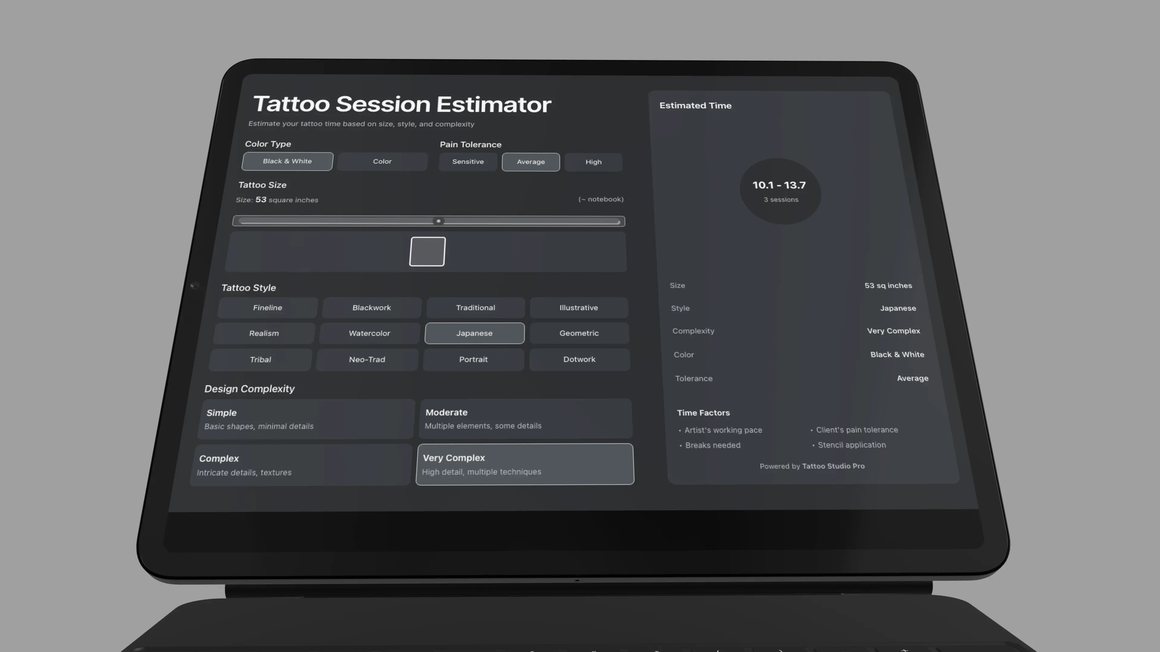 Tattoo Time Estimator Interface