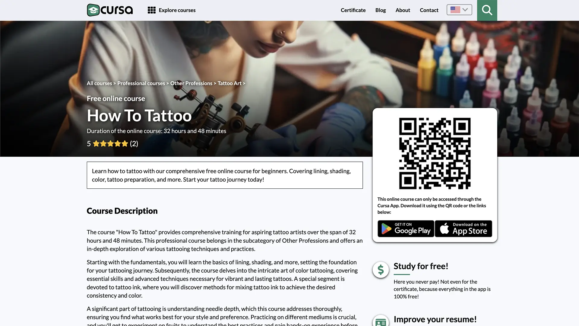 Cursa's Comprehensive Tattoo Course Interface