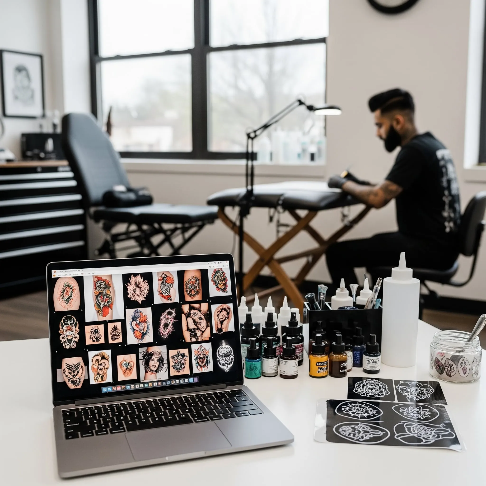 A finished tattoo portfolio site rendered on a laptop