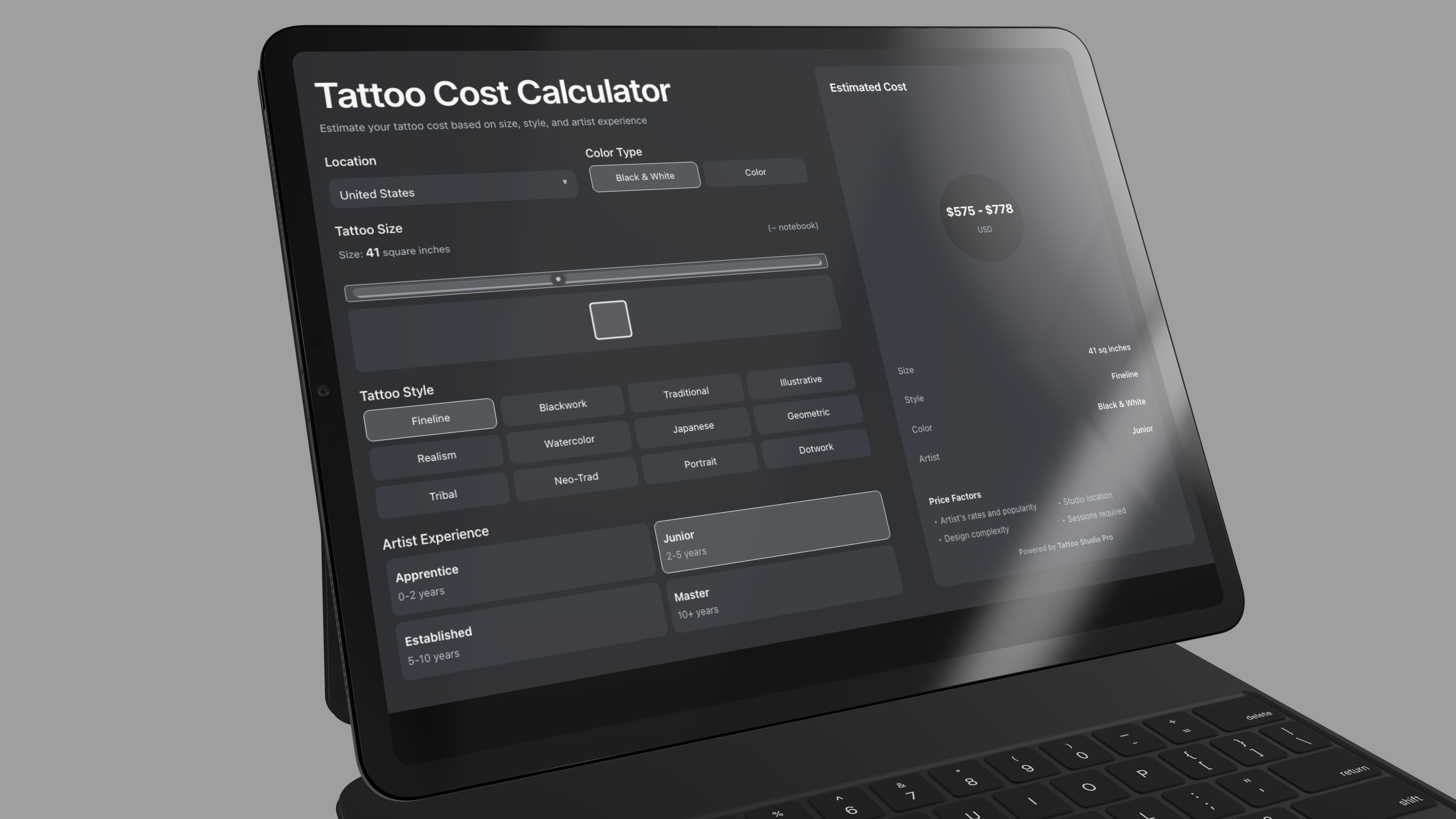 The free tattoo price calculator interface