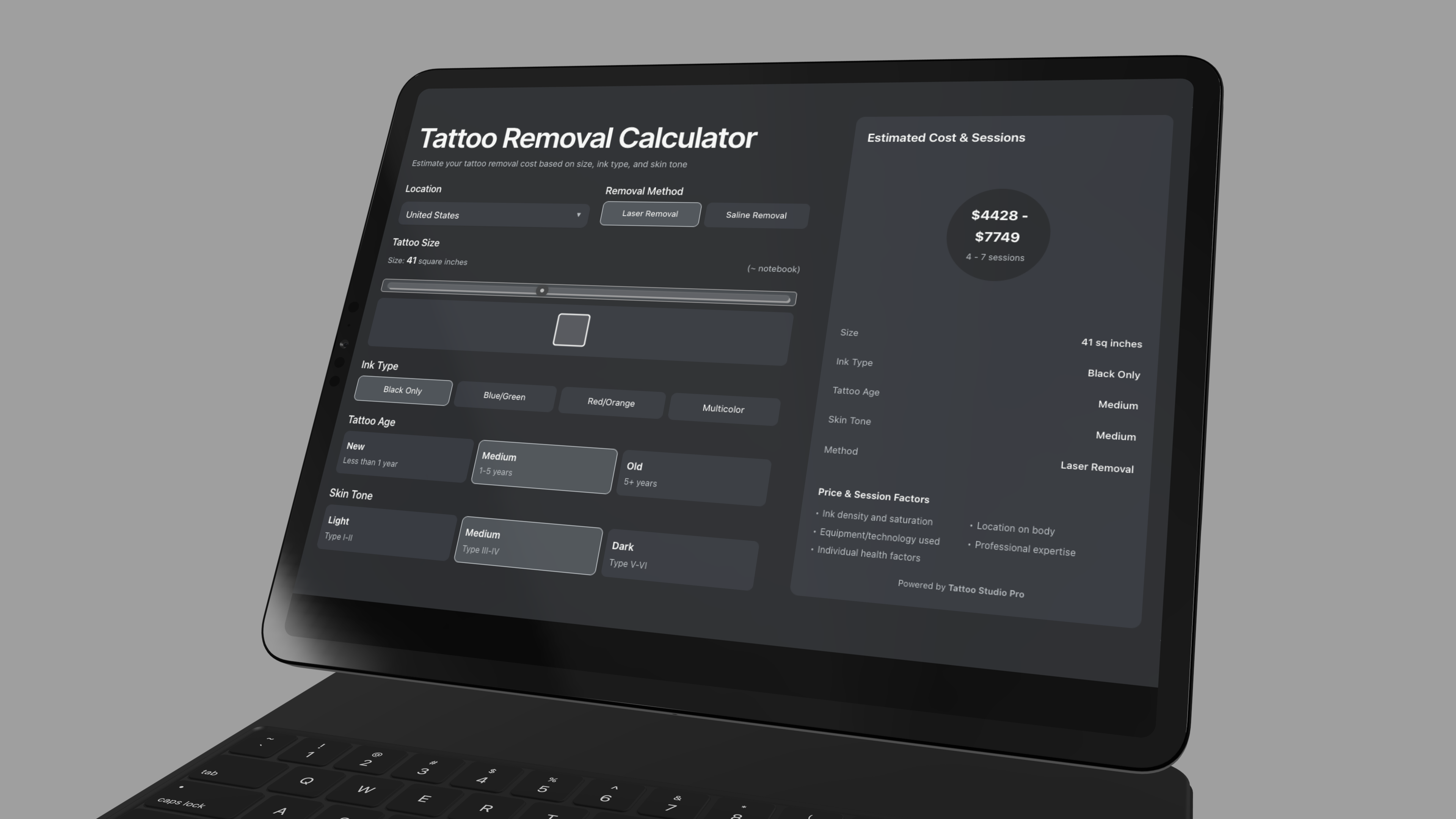 The free tattoo removal calculator interface