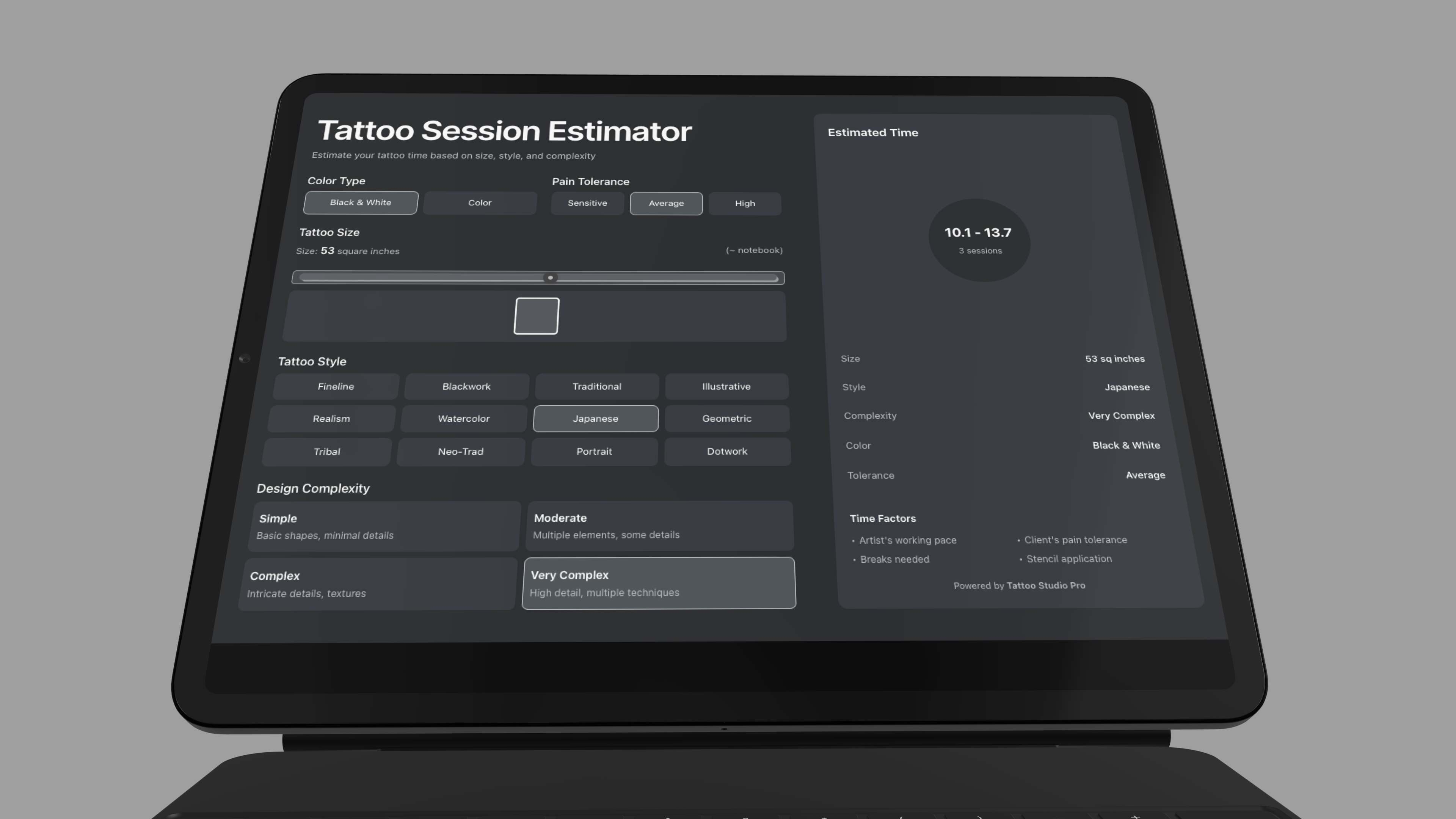 The free tattoo session estimator interface