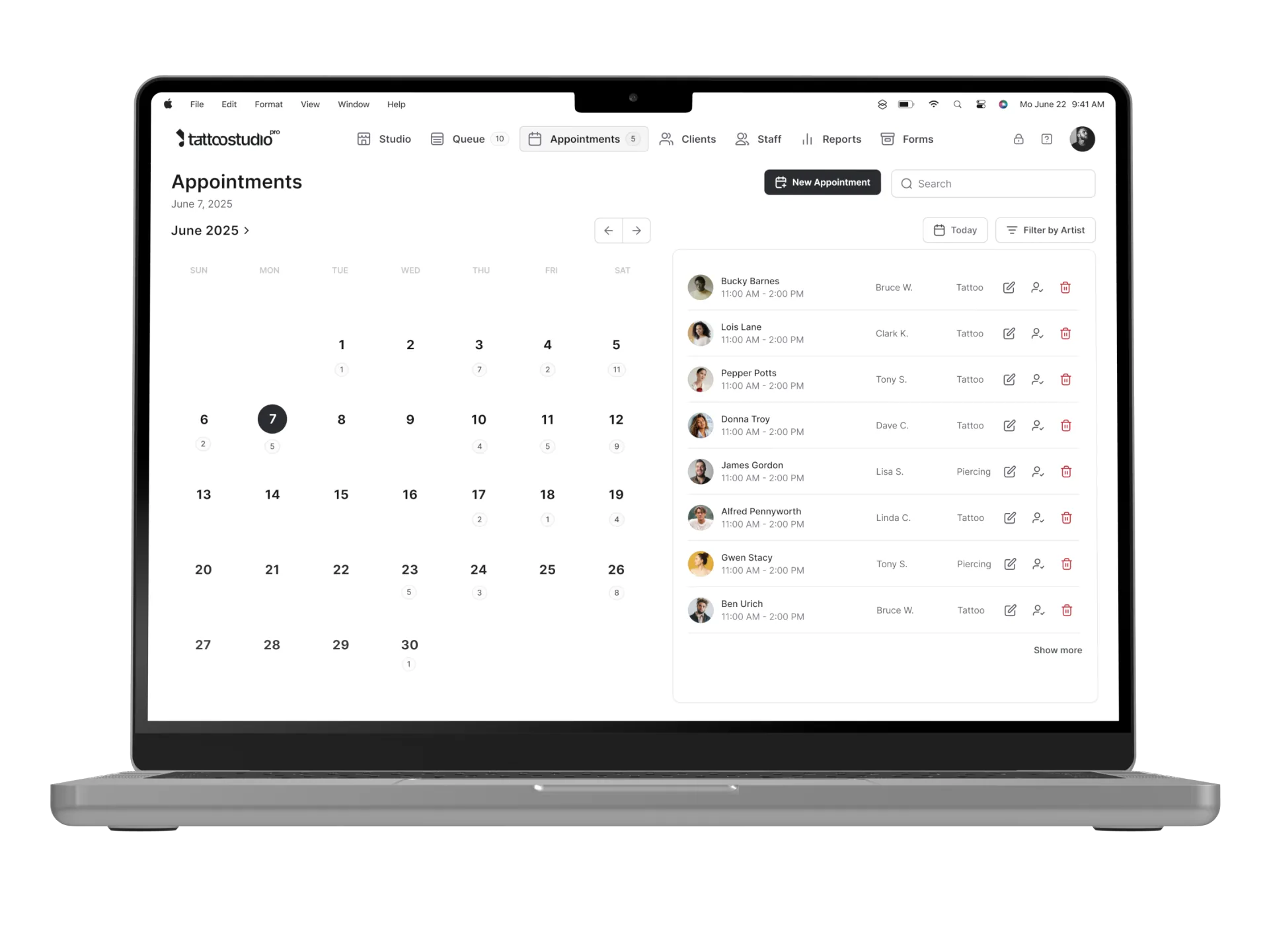 Tattoo Studio Pro appointments screen showing the booking calendar and session history for a studio