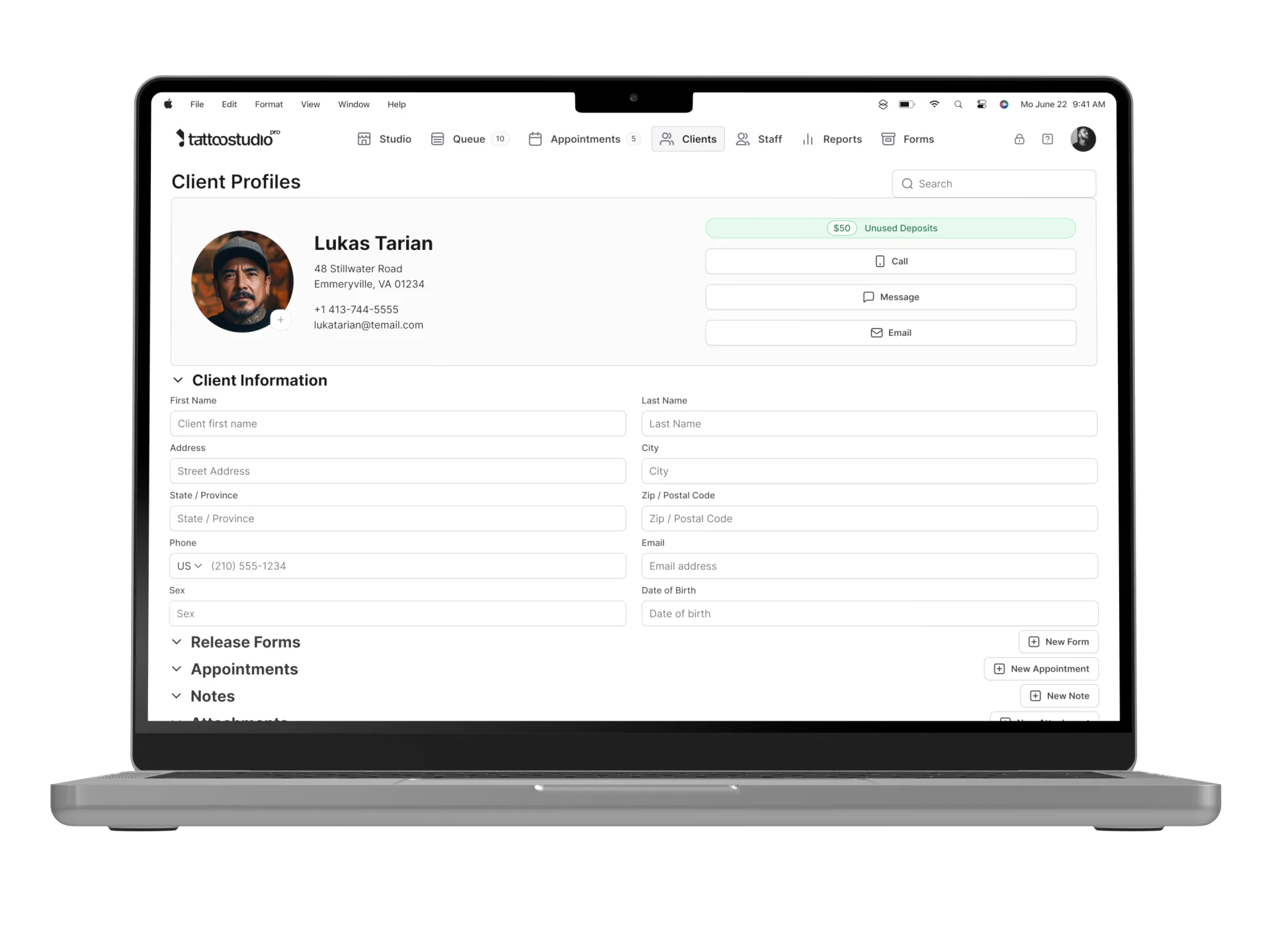 Tattoo Studio Pro client profiles screen showing appointment history, session notes, and contact details