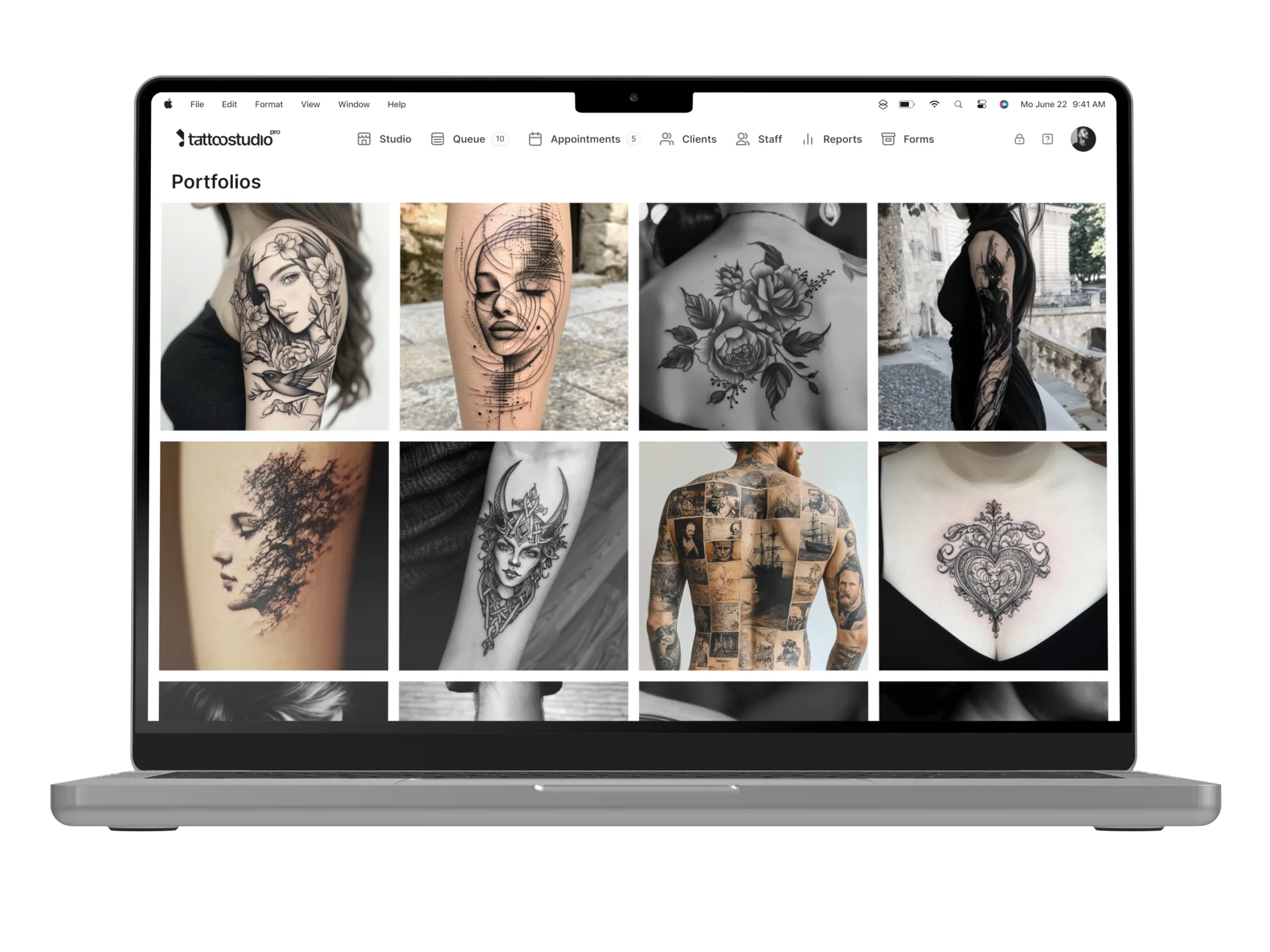Tattoo Studio Pro portfolio organized by style, with healed work galleries