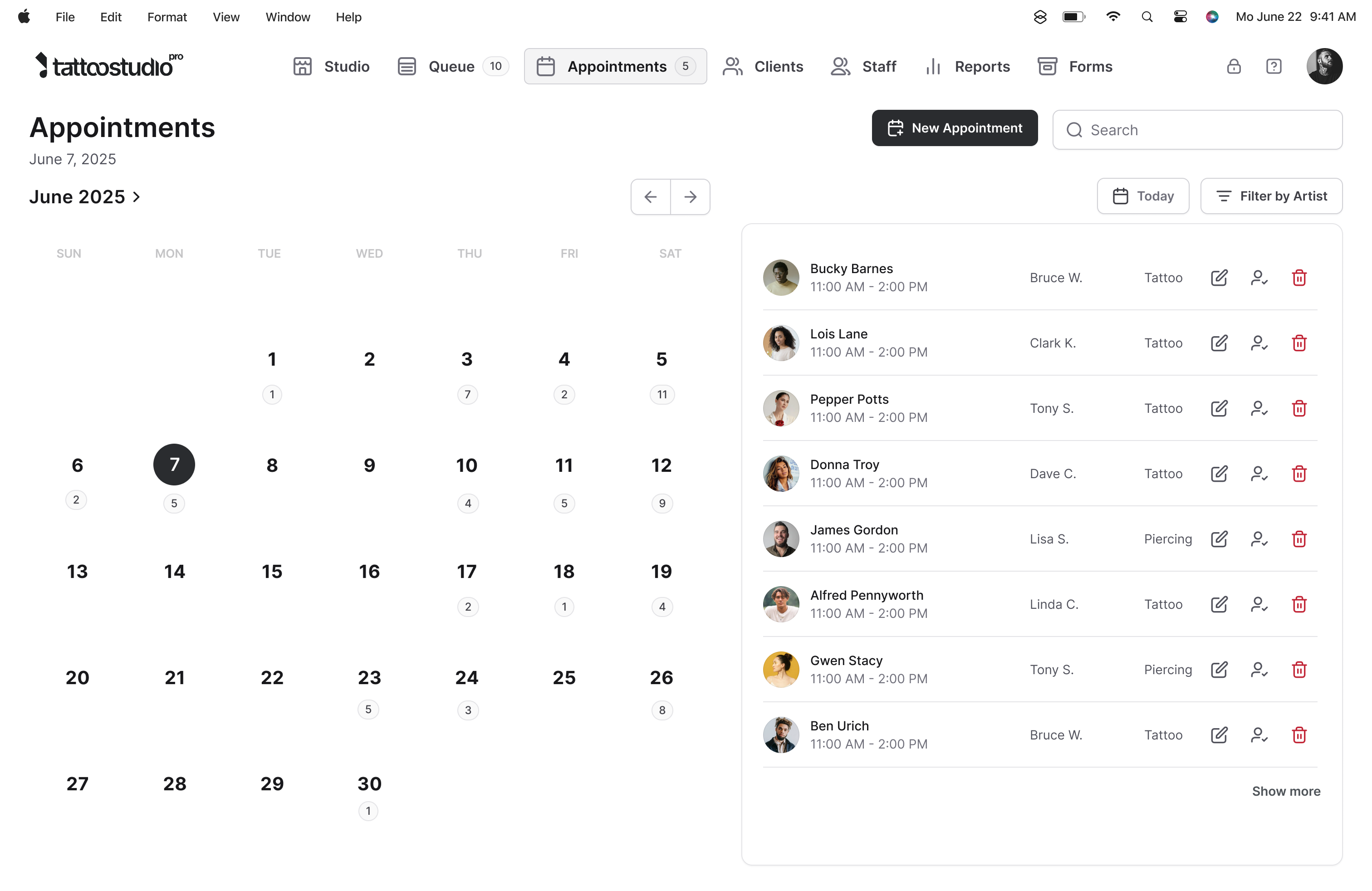 The Tattoo Studio Pro booking calendar on a laptop
