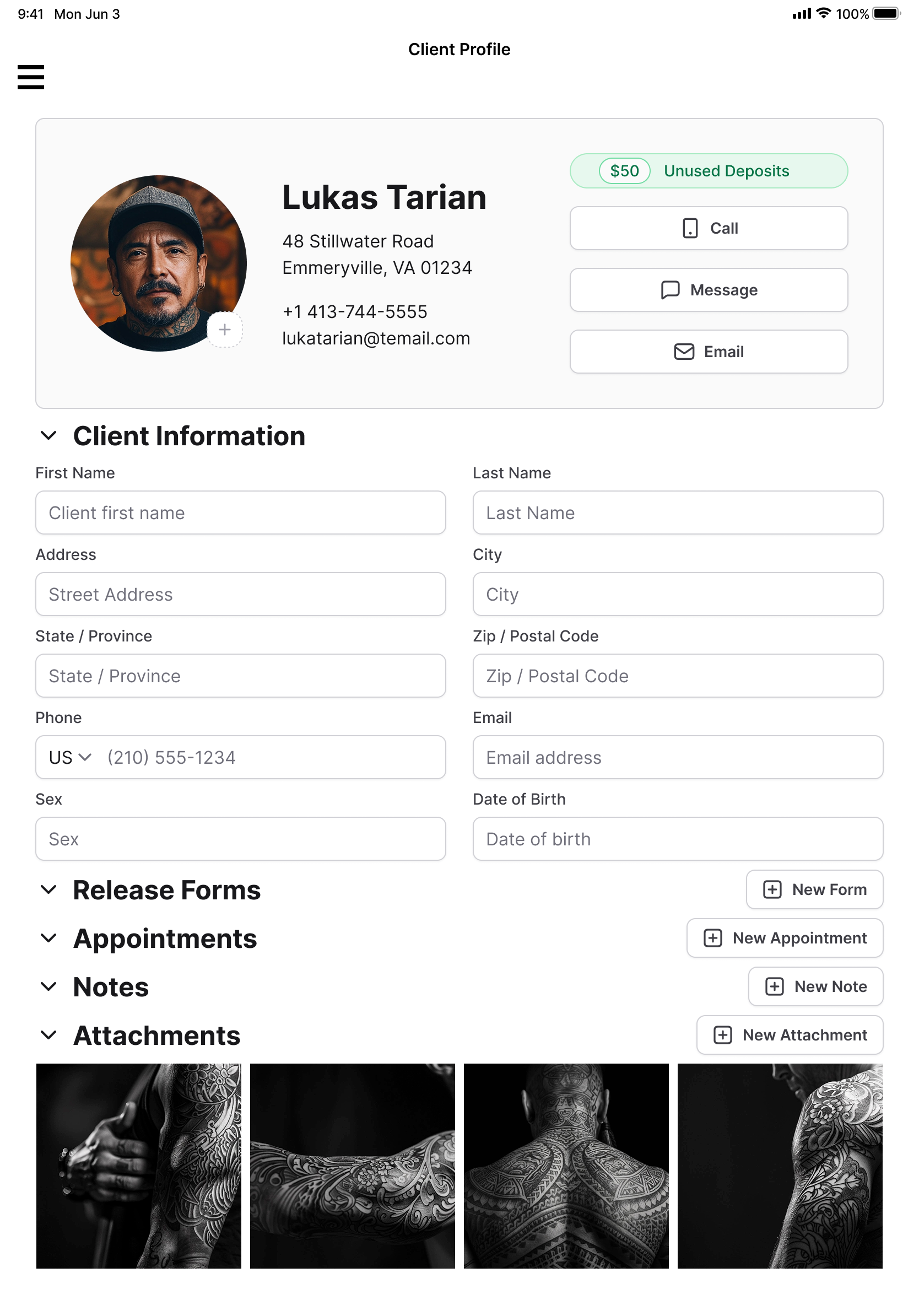 A client profile open on a tablet during a consultation