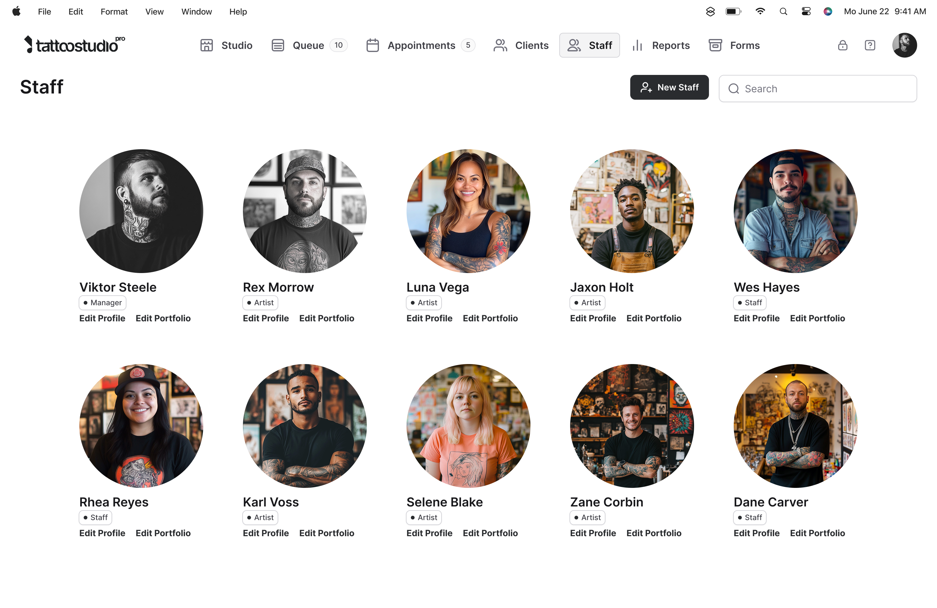 Team accounts management screen in Tattoo Studio Pro