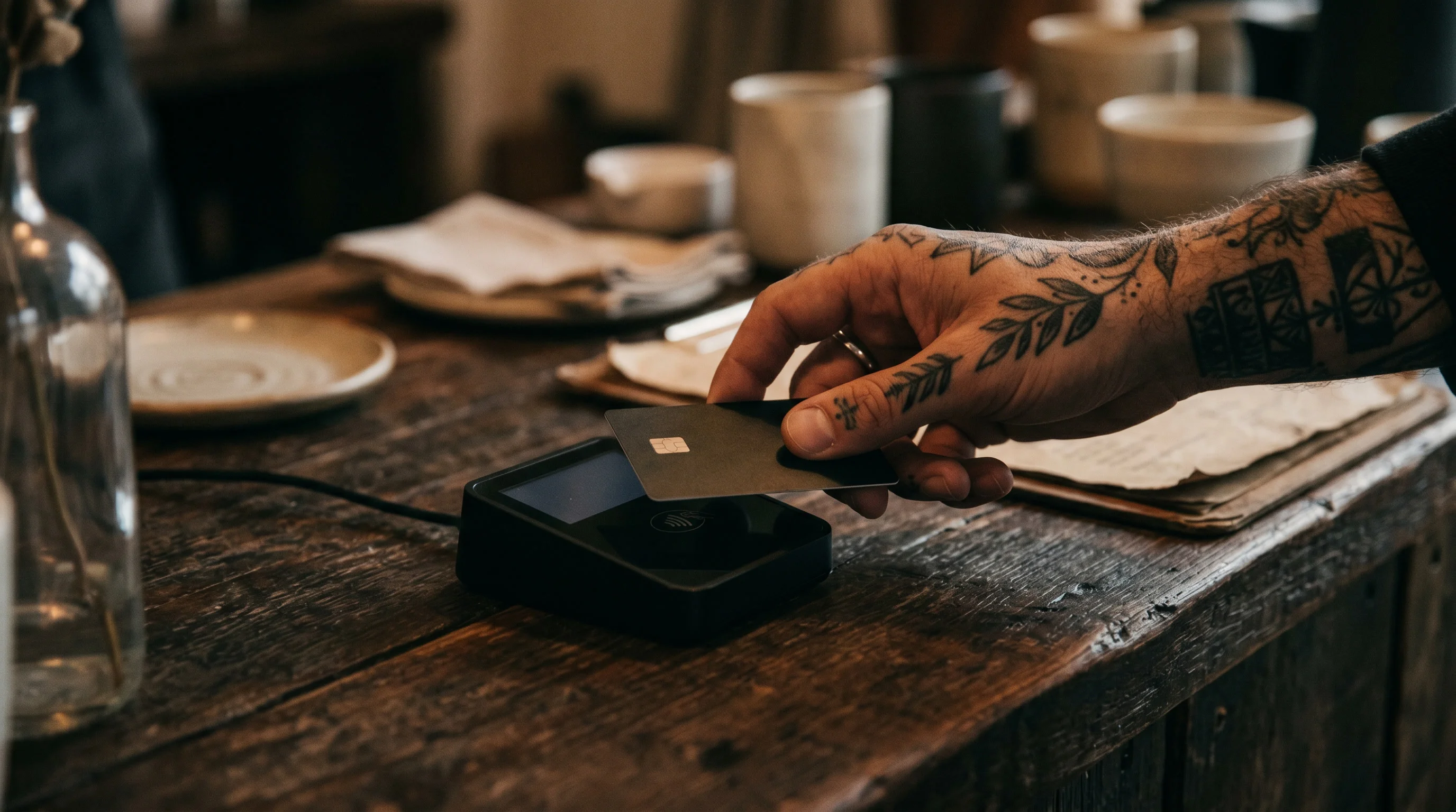 A tattoo studio reception desk with a card payment terminal